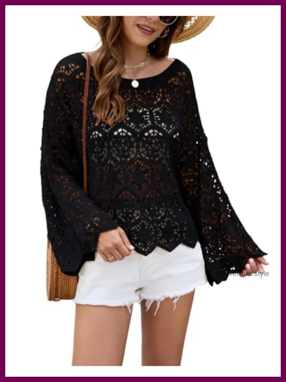 Oversized Boat Neck Crochet Knit Sweater Pullover Bell Sleeve Beach Coverup